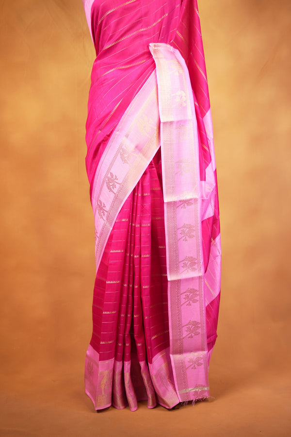 Dola Cotton Saree | Rani Pink with Light Pink Golden Floral Border | Casual & Festive Wear