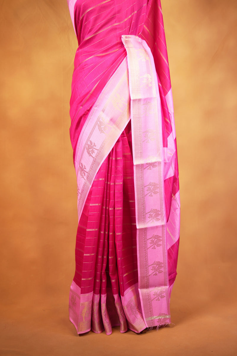 Dola Cotton Saree | Rani Pink with Light Pink Golden Floral Border | Casual & Festive Wear
