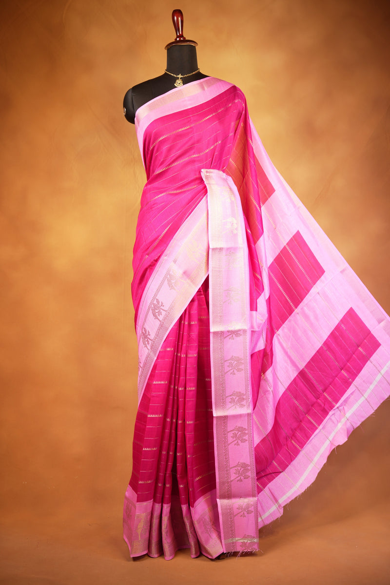 Dola Cotton Saree | Rani Pink with Light Pink Golden Floral Border | Casual & Festive Wear