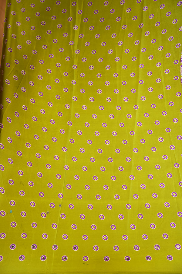 Masakali Satin Saree | Purple & Lime Green Ajrakh Print with Mirror Work | Festive Wear