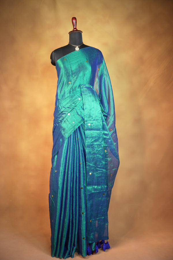 Tissue Silk Saree | Blue Teal Dual Shade with Scattered Sequins | Cocktail & Reception Wear