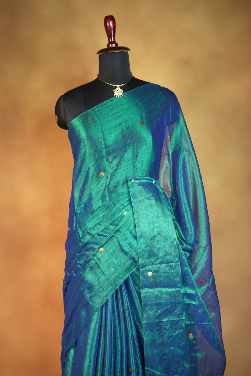 Tissue Silk Saree | Blue Teal Dual Shade with Scattered Sequins | Cocktail & Reception Wear