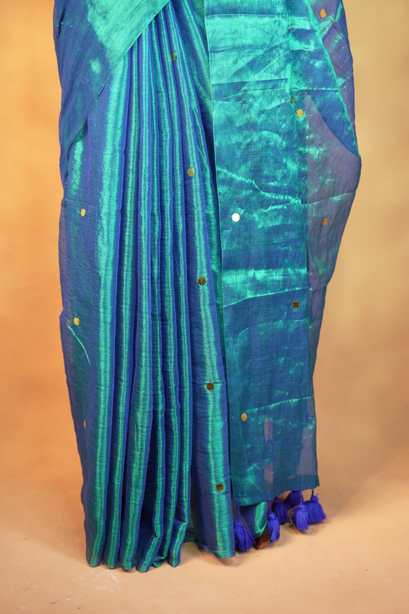 Tissue Silk Saree | Blue Teal Dual Shade with Scattered Sequins | Cocktail & Reception Wear