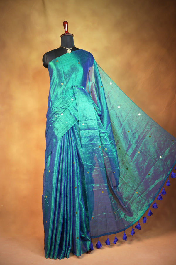 Tissue Silk Saree | Blue Teal Dual Shade with Scattered Sequins | Cocktail & Reception Wear