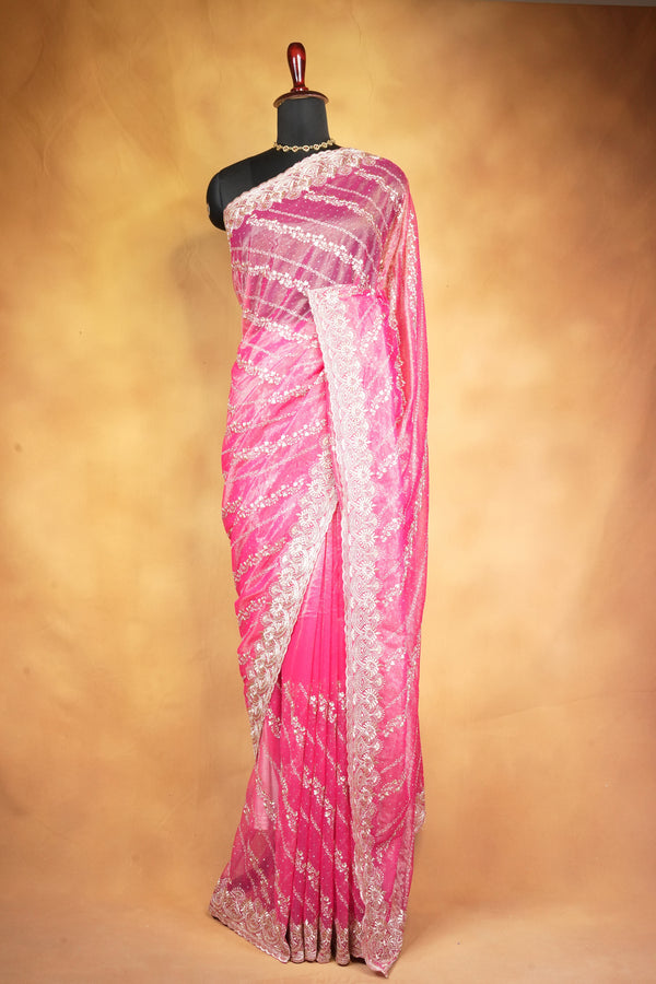 Designer Twill Net Saree | Pink Purple Ombre with Stone Embroidery Border | Party Wear