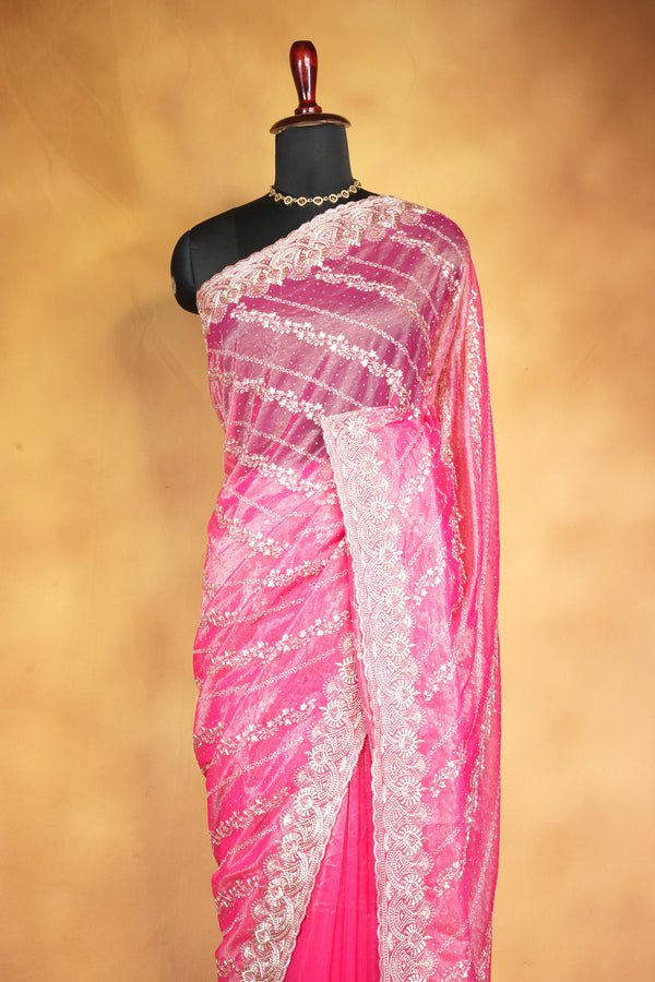 Designer Twill Net Saree | Pink Purple Ombre with Stone Embroidery Border | Party Wear