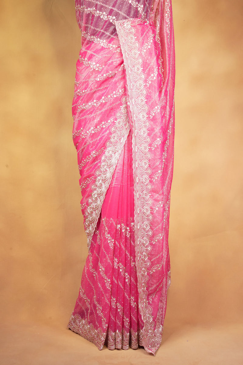 Designer Twill Net Saree | Pink Purple Ombre with Stone Embroidery Border | Party Wear