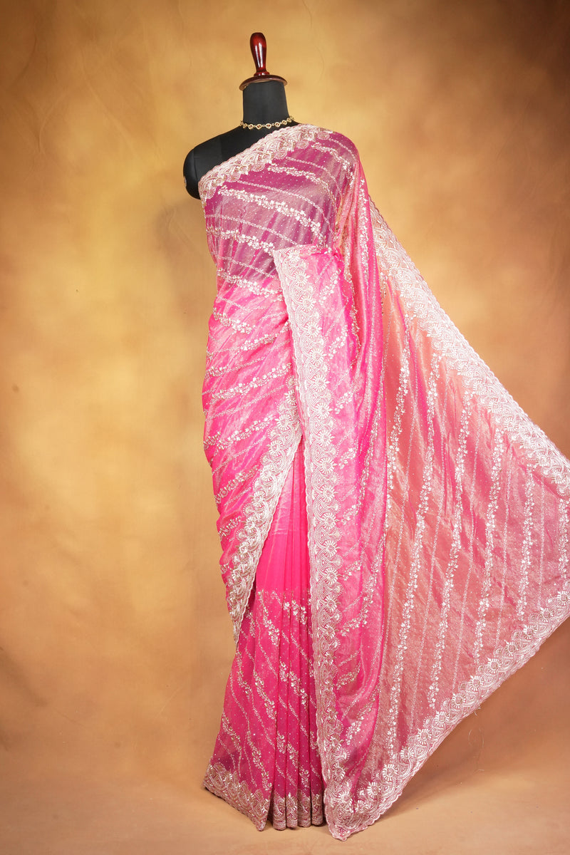 Designer Twill Net Saree | Pink Purple Ombre with Stone Embroidery Border | Party Wear