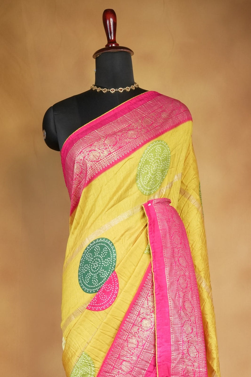 Yellow Bandhani Crush Saree with Pink Zari Border, Bandhej Print Silk Blend Saree with Tassels