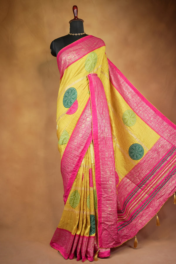Yellow Bandhani Crush Saree with Pink Zari Border, Bandhej Print Silk Blend Saree with Tassels
