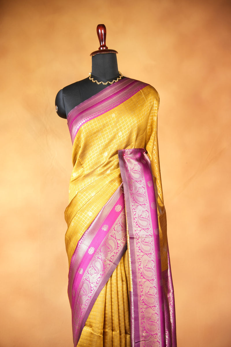 Cotton Saree | Mustard Gold with Magenta Pink Zari Border | Traditional Festive Wear