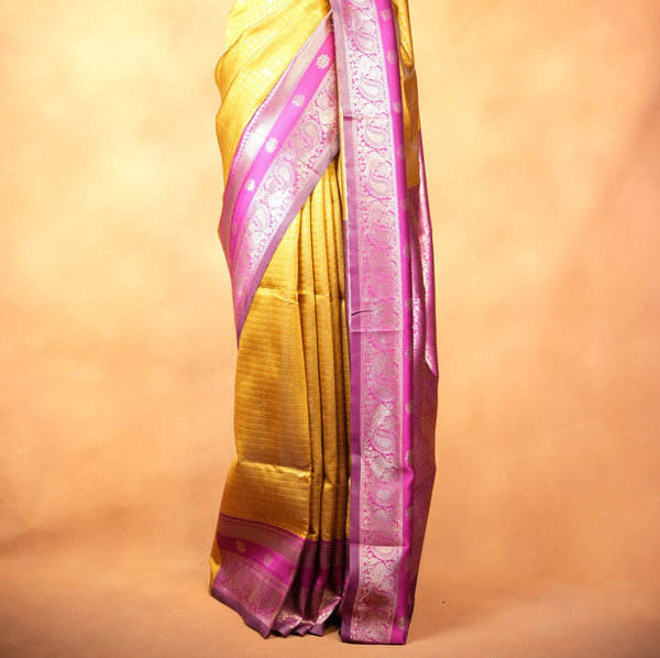 Cotton Saree | Mustard Gold with Magenta Pink Zari Border | Traditional Festive Wear