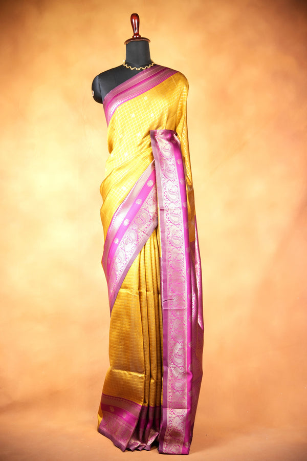 Cotton Saree | Mustard Gold with Magenta Pink Zari Border | Traditional Festive Wear