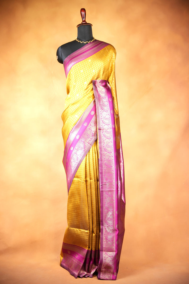 Cotton Saree | Mustard Gold with Magenta Pink Zari Border | Traditional Festive Wear