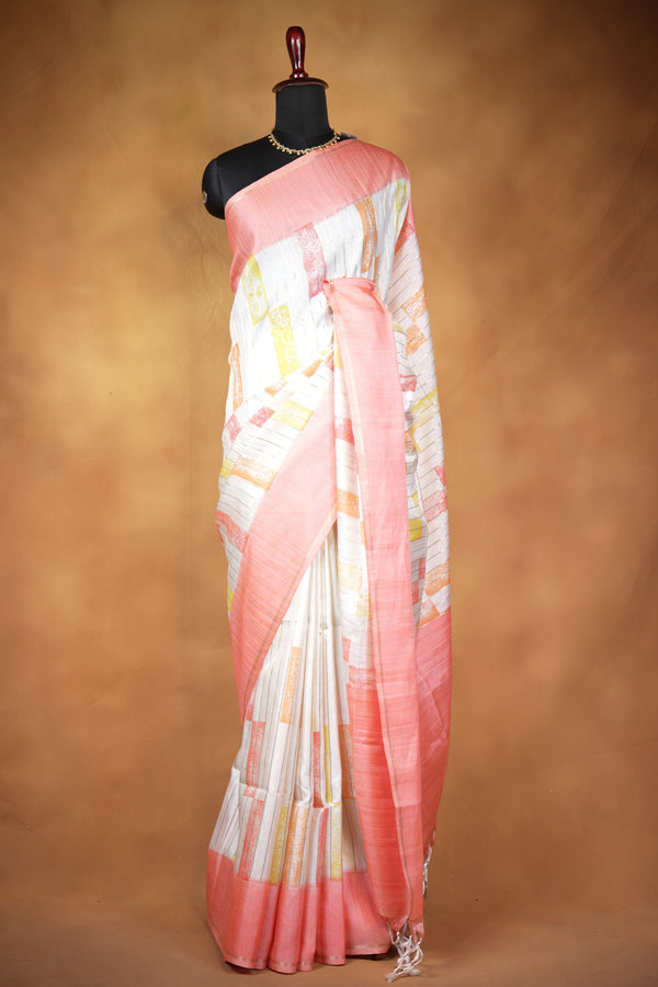 Tussar Silk Saree | Ivory with Soft Rose Pink Border & Abstract Print | Casual Wear