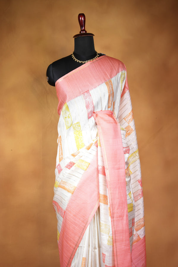 Tussar Silk Saree | Ivory with Soft Rose Pink Border & Abstract Print | Casual Wear