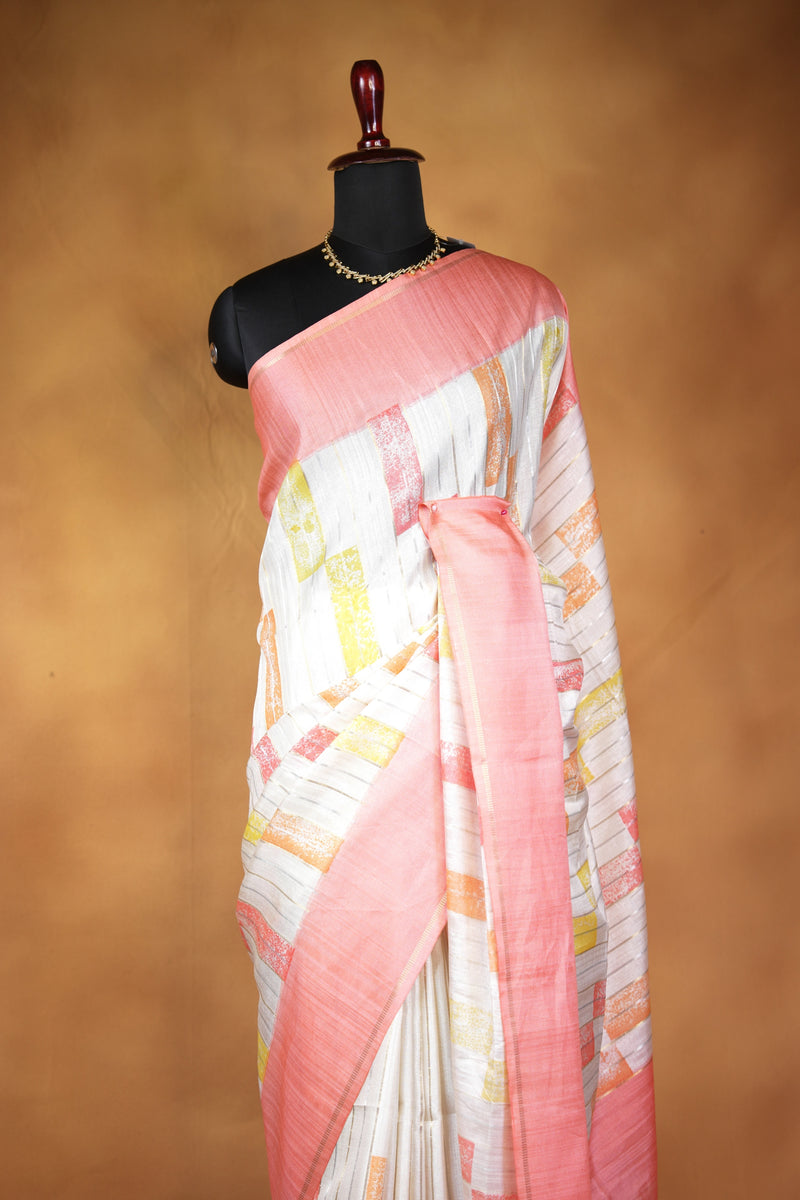 Tussar Silk Saree | Ivory with Soft Rose Pink Border & Abstract Print | Casual Wear