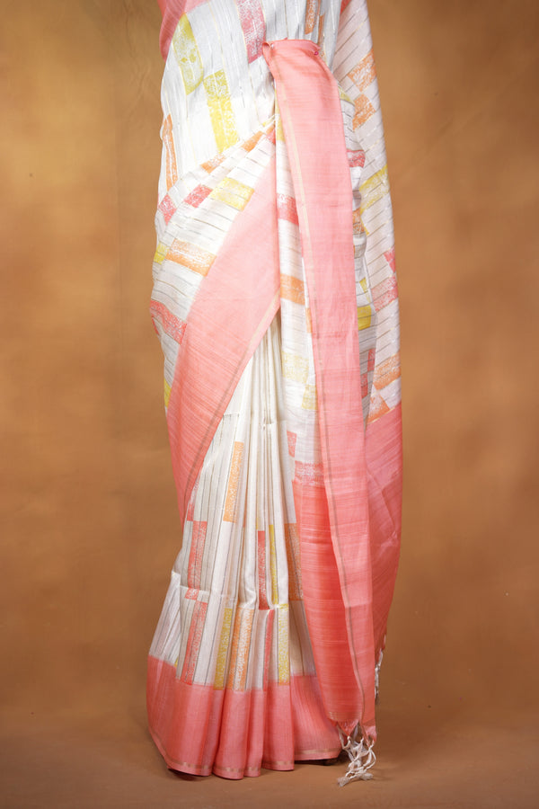 Tussar Silk Saree | Ivory with Soft Rose Pink Border & Abstract Print | Casual Wear