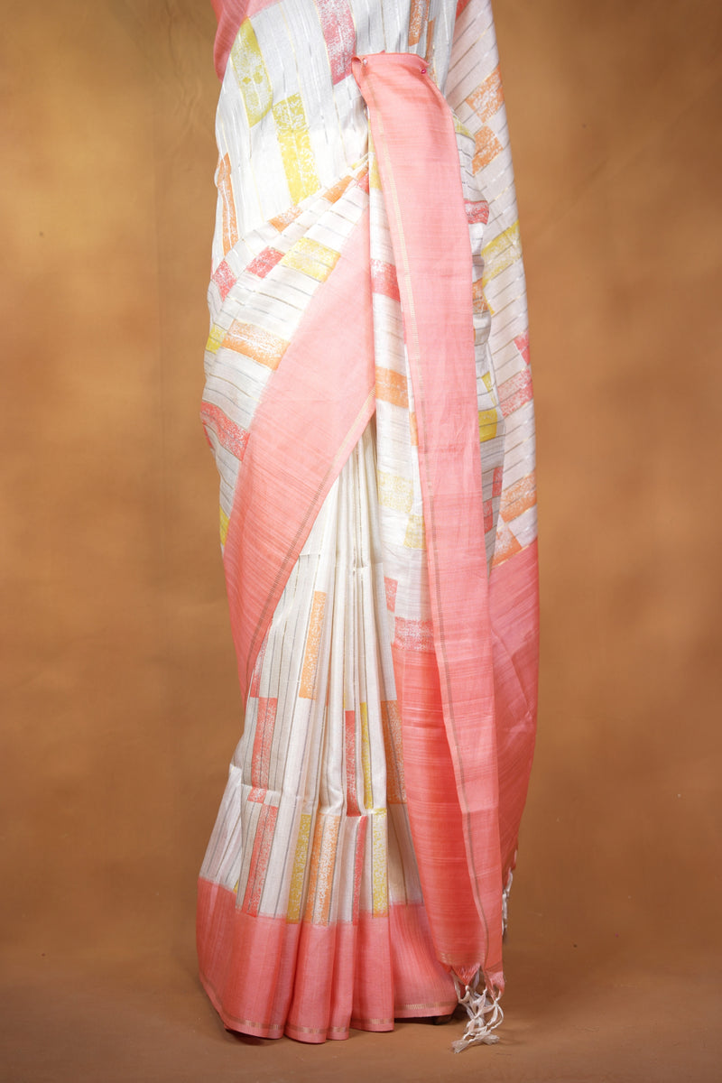 Tussar Silk Saree | Ivory with Soft Rose Pink Border & Abstract Print | Casual Wear