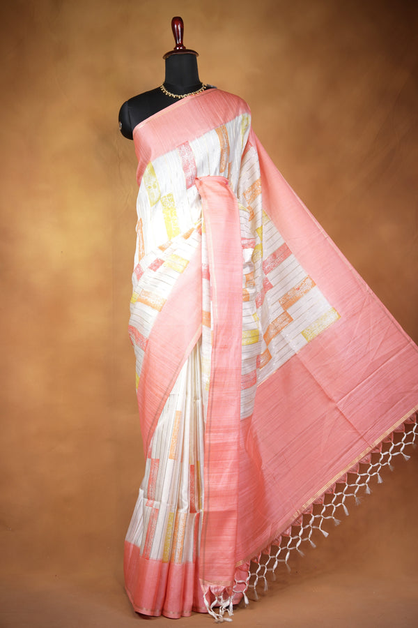 Tussar Silk Saree | Ivory with Soft Rose Pink Border & Abstract Print | Casual Wear