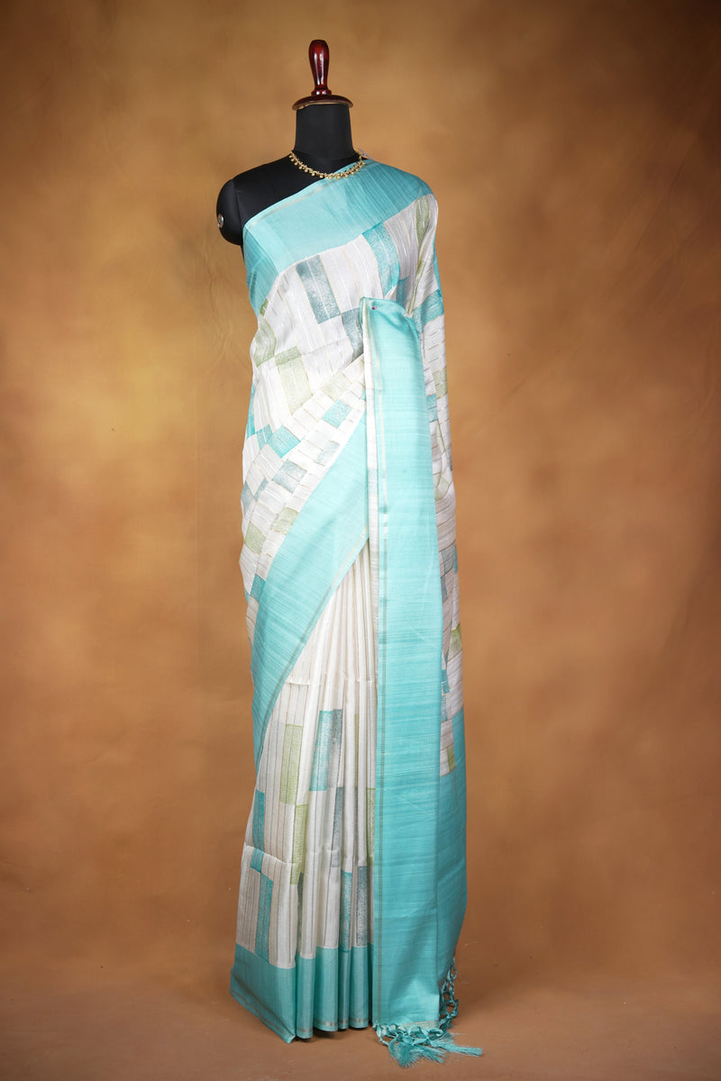 Tussar Silk Saree | Contemporary Abstract Print with Tasseled Sky Blue Border | Casual Ethnic Wear
