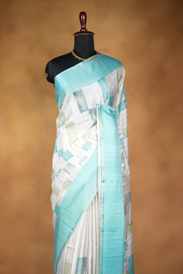 Tussar Silk Saree | Contemporary Abstract Print with Tasseled Sky Blue Border | Casual Ethnic Wear