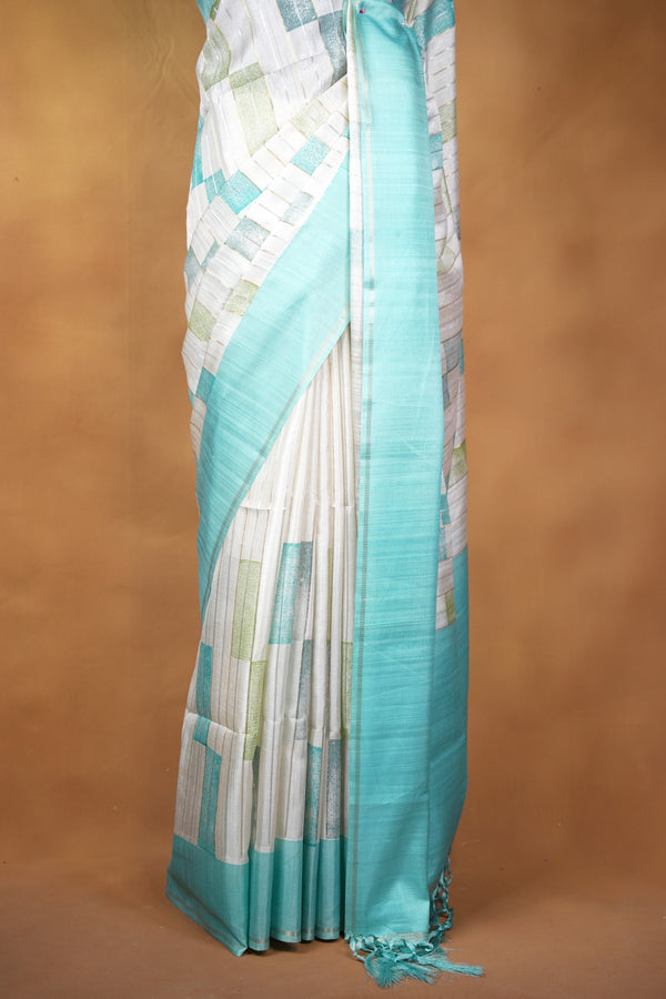 Tussar Silk Saree | Contemporary Abstract Print with Tasseled Sky Blue Border | Casual Ethnic Wear