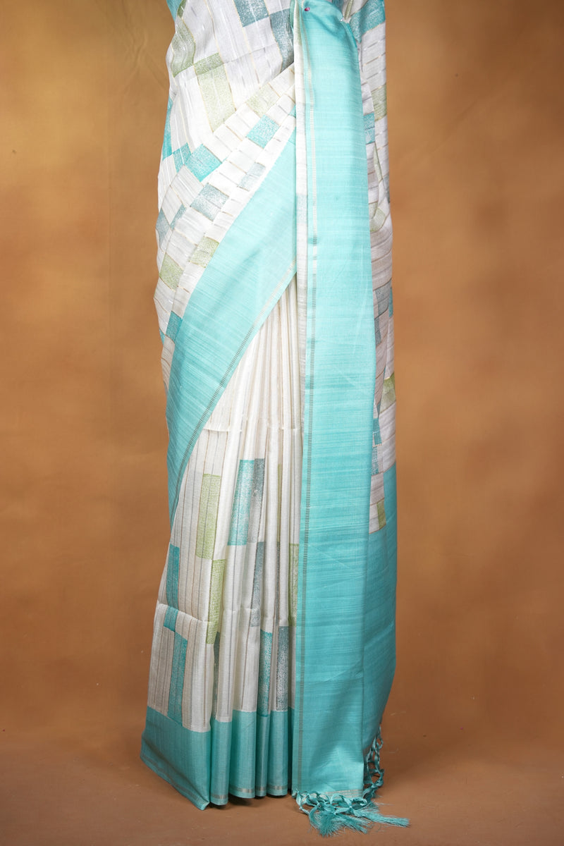 Tussar Silk Saree | Contemporary Abstract Print with Tasseled Sky Blue Border | Casual Ethnic Wear