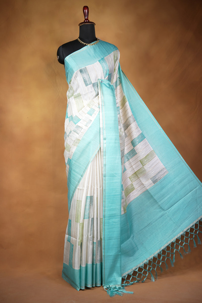 Tussar Silk Saree | Contemporary Abstract Print with Tasseled Sky Blue Border | Casual Ethnic Wear