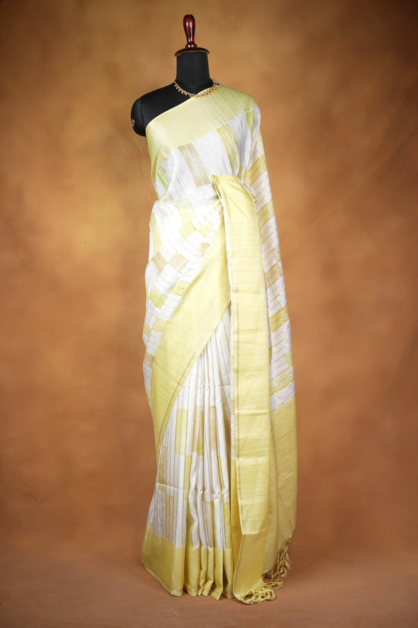 Ivory Tussar Silk Saree | Pale Yellow Geometric Print with Contrast Border | Office & Daily Wear