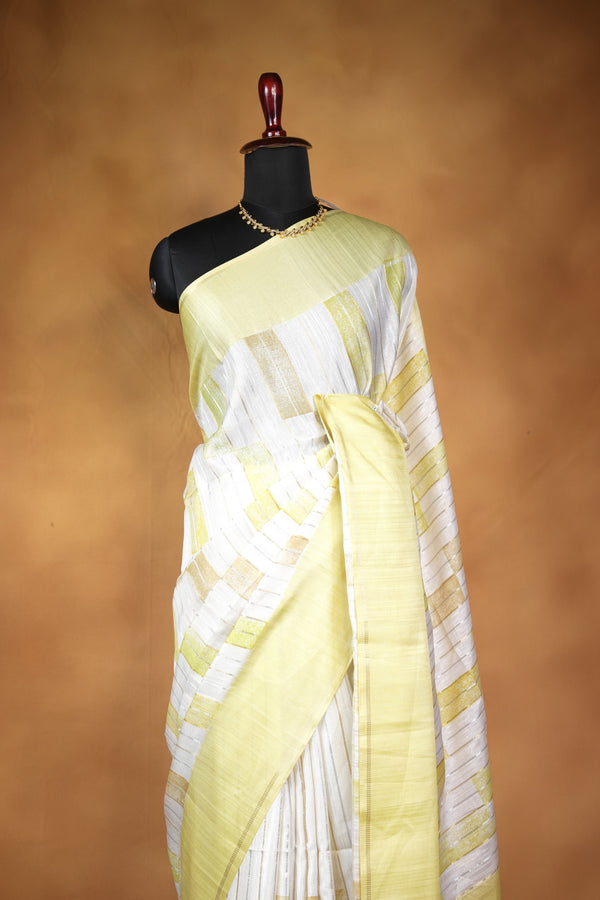 Ivory Tussar Silk Saree | Pale Yellow Geometric Print with Contrast Border | Office & Daily Wear