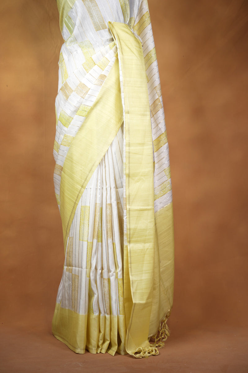 Ivory Tussar Silk Saree | Pale Yellow Geometric Print with Contrast Border | Office & Daily Wear
