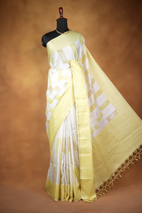 Ivory Tussar Silk Saree | Pale Yellow Geometric Print with Contrast Border | Office & Daily Wear