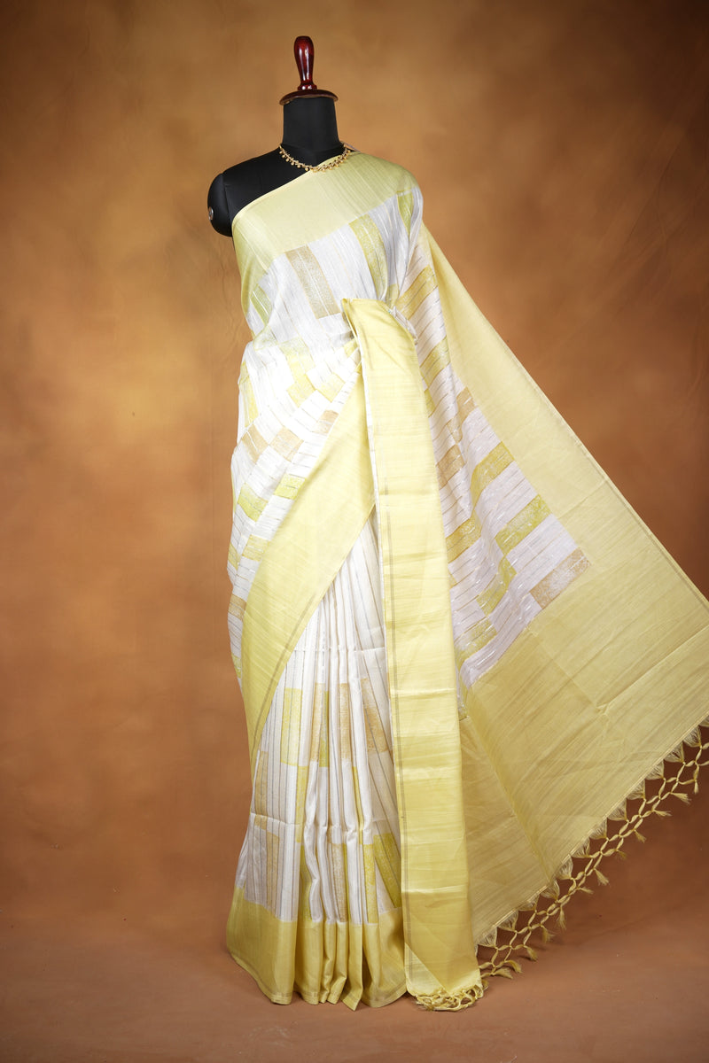 Ivory Tussar Silk Saree | Pale Yellow Geometric Print with Contrast Border | Office & Daily Wear