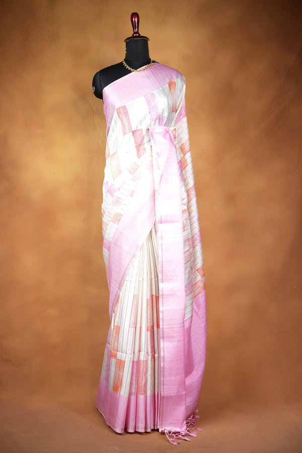 Tussar Silk Saree | Contemporary Abstract Print with Tasseled Baby Pink Border | Casual Ethnic Wear