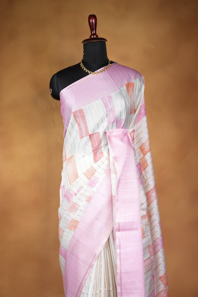 Tussar Silk Saree | Contemporary Abstract Print with Tasseled Baby Pink Border | Casual Ethnic Wear