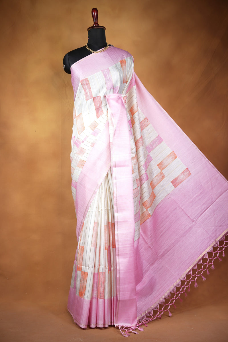 Tussar Silk Saree | Contemporary Abstract Print with Tasseled Baby Pink Border | Casual Ethnic Wear