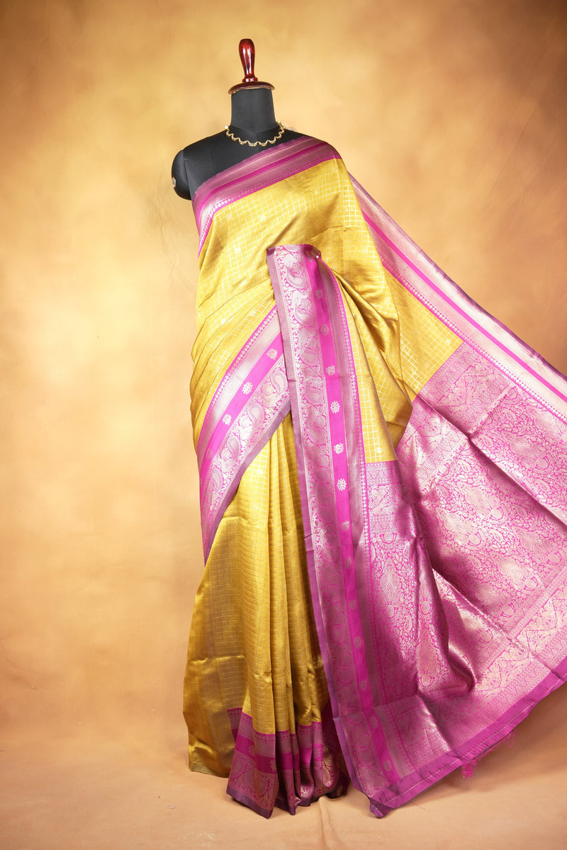 Cotton Saree | Mustard Gold with Magenta Pink Zari Border | Traditional Festive Wear