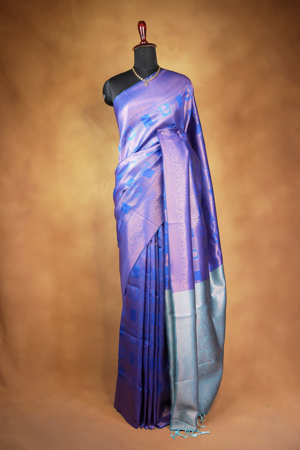 Fancy Cotton Saree | Royal Blue with Silver Grey Border & Lotus Motif Weave | Festive Wear