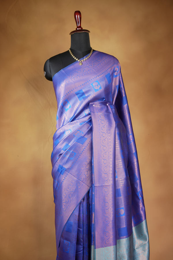 Fancy Cotton Saree | Royal Blue with Silver Grey Border & Lotus Motif Weave | Festive Wear