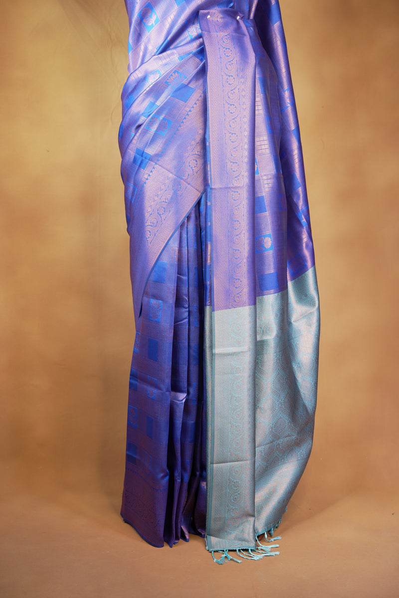 Fancy Cotton Saree | Royal Blue with Silver Grey Border & Lotus Motif Weave | Festive Wear