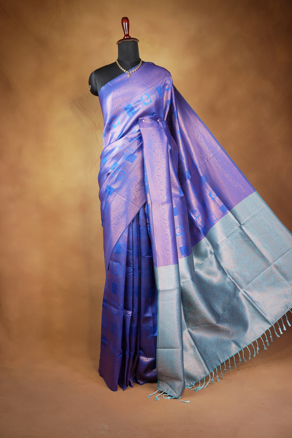 Fancy Cotton Saree | Royal Blue with Silver Grey Border & Lotus Motif Weave | Festive Wear