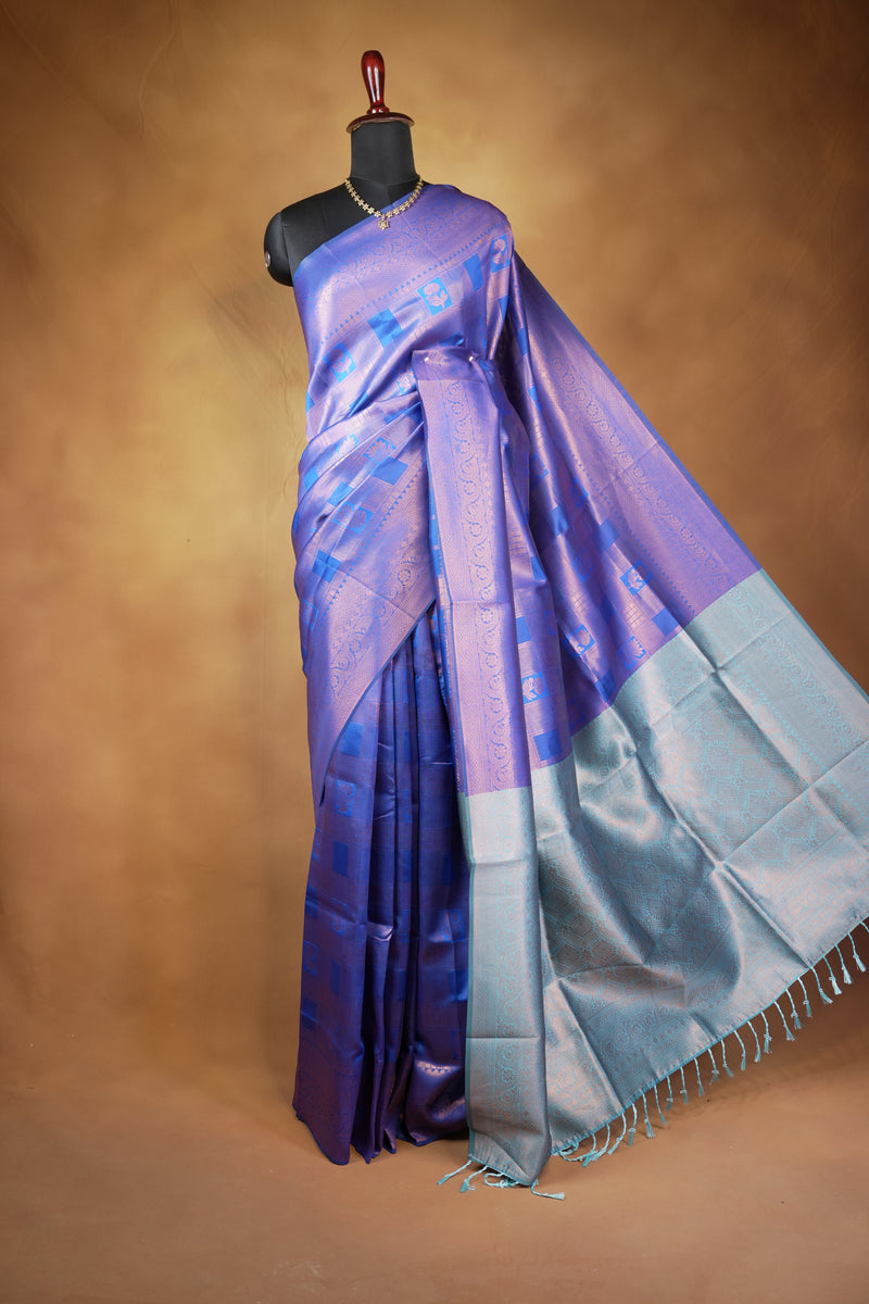 Fancy Cotton Saree | Royal Blue with Silver Grey Border & Lotus Motif Weave | Festive Wear