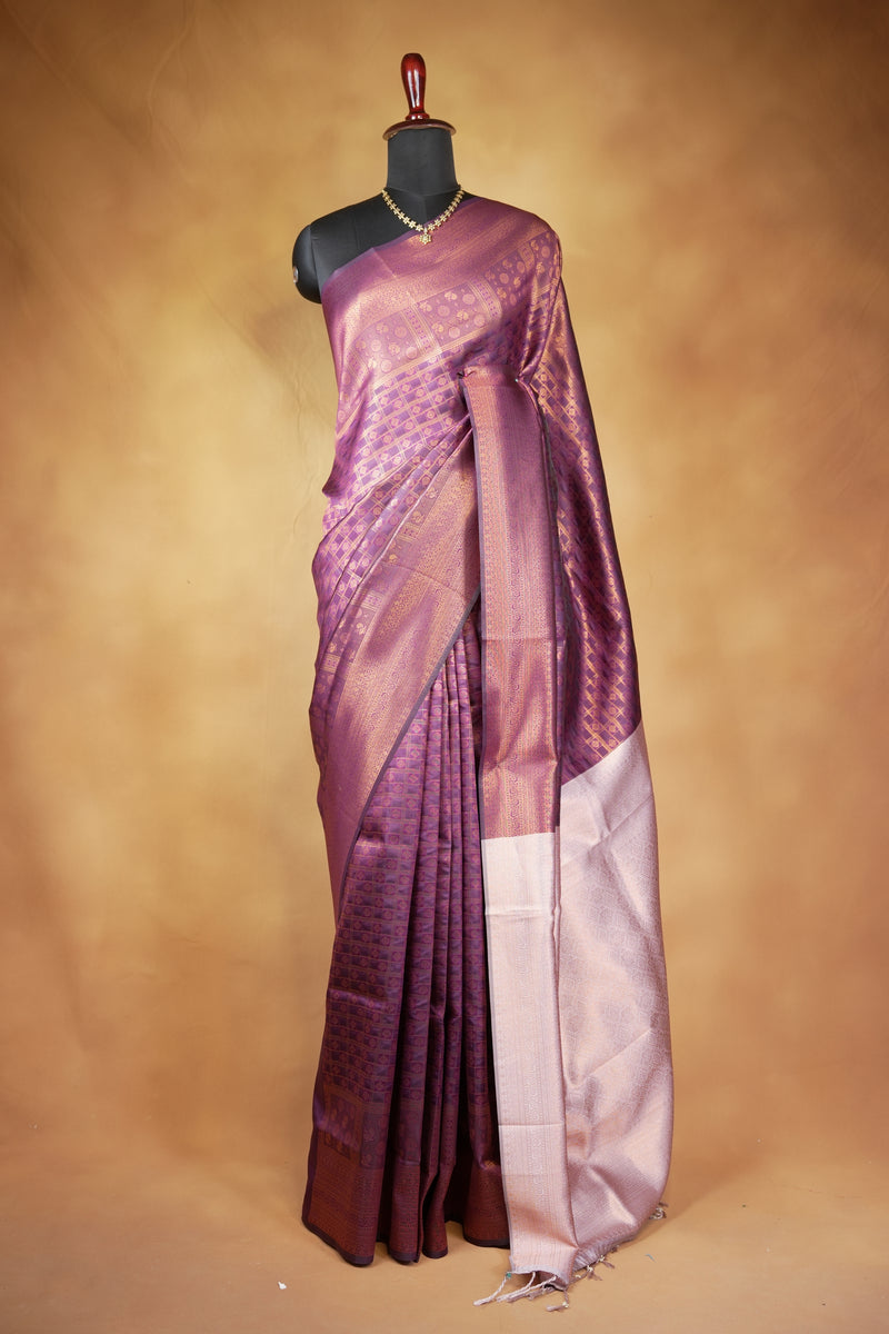 Fancy Cotton Saree | Mauve Purple with Rose Gold Pallu & Zari Checkered Weave | Festive Wear