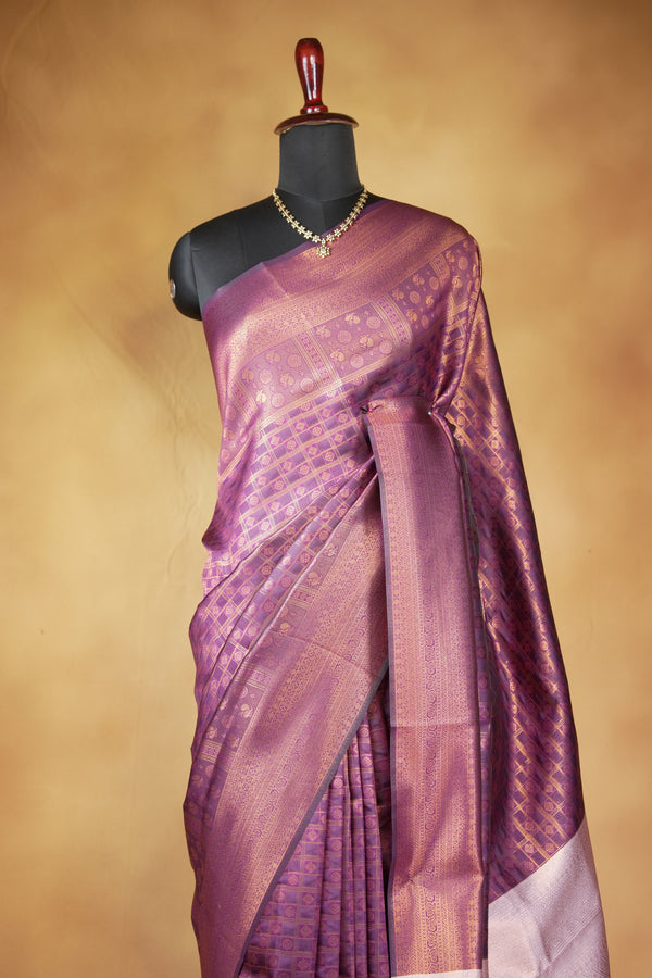 Fancy Cotton Saree | Mauve Purple with Rose Gold Pallu & Zari Checkered Weave | Festive Wear
