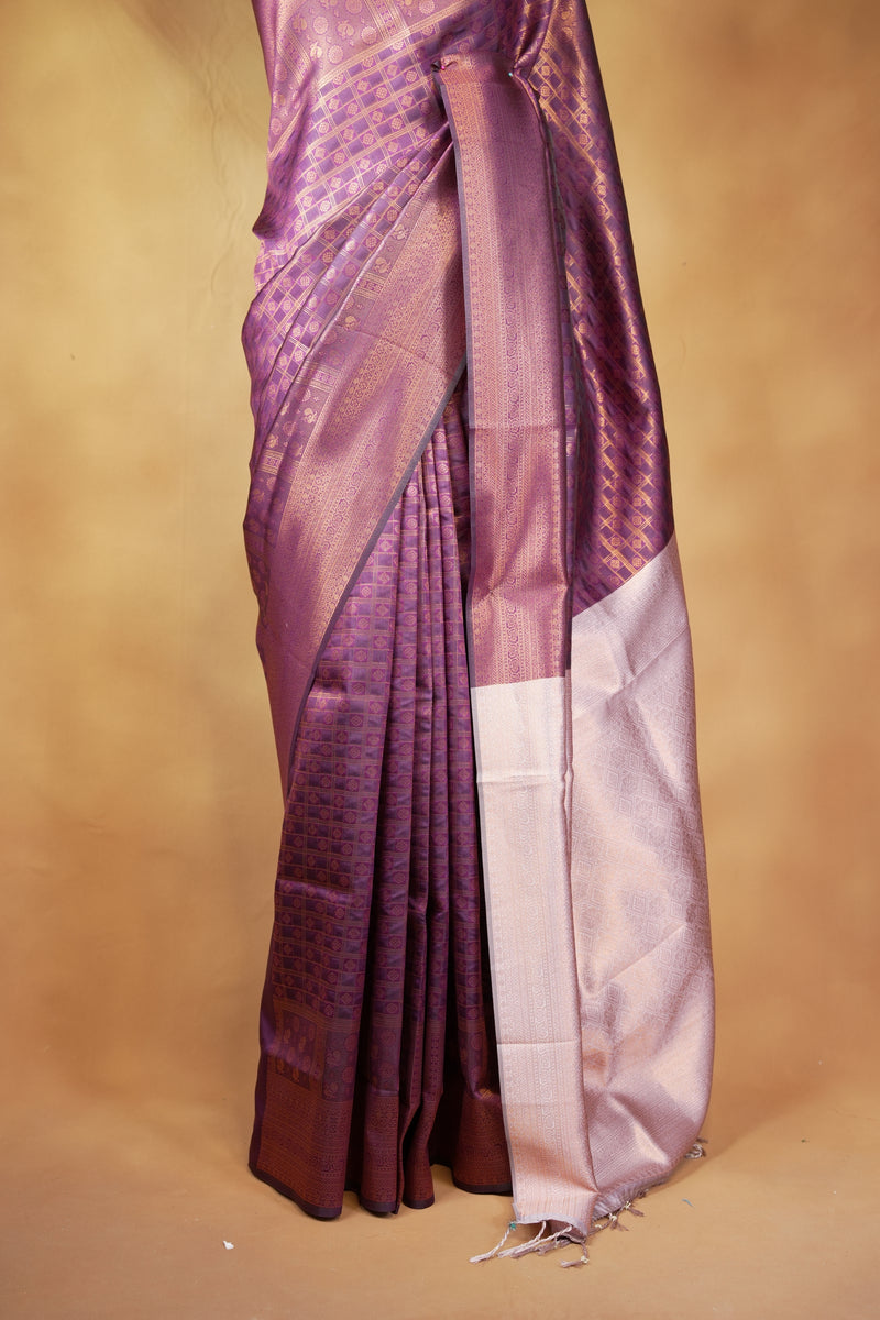 Fancy Cotton Saree | Mauve Purple with Rose Gold Pallu & Zari Checkered Weave | Festive Wear