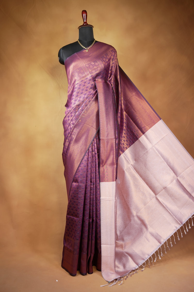 Fancy Cotton Saree | Mauve Purple with Rose Gold Pallu & Zari Checkered Weave | Festive Wear