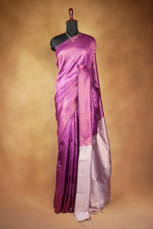 Fancy Cotton Saree | Magenta Purple with Silver Lavender Pallu & Zari Weave | Festive Wear