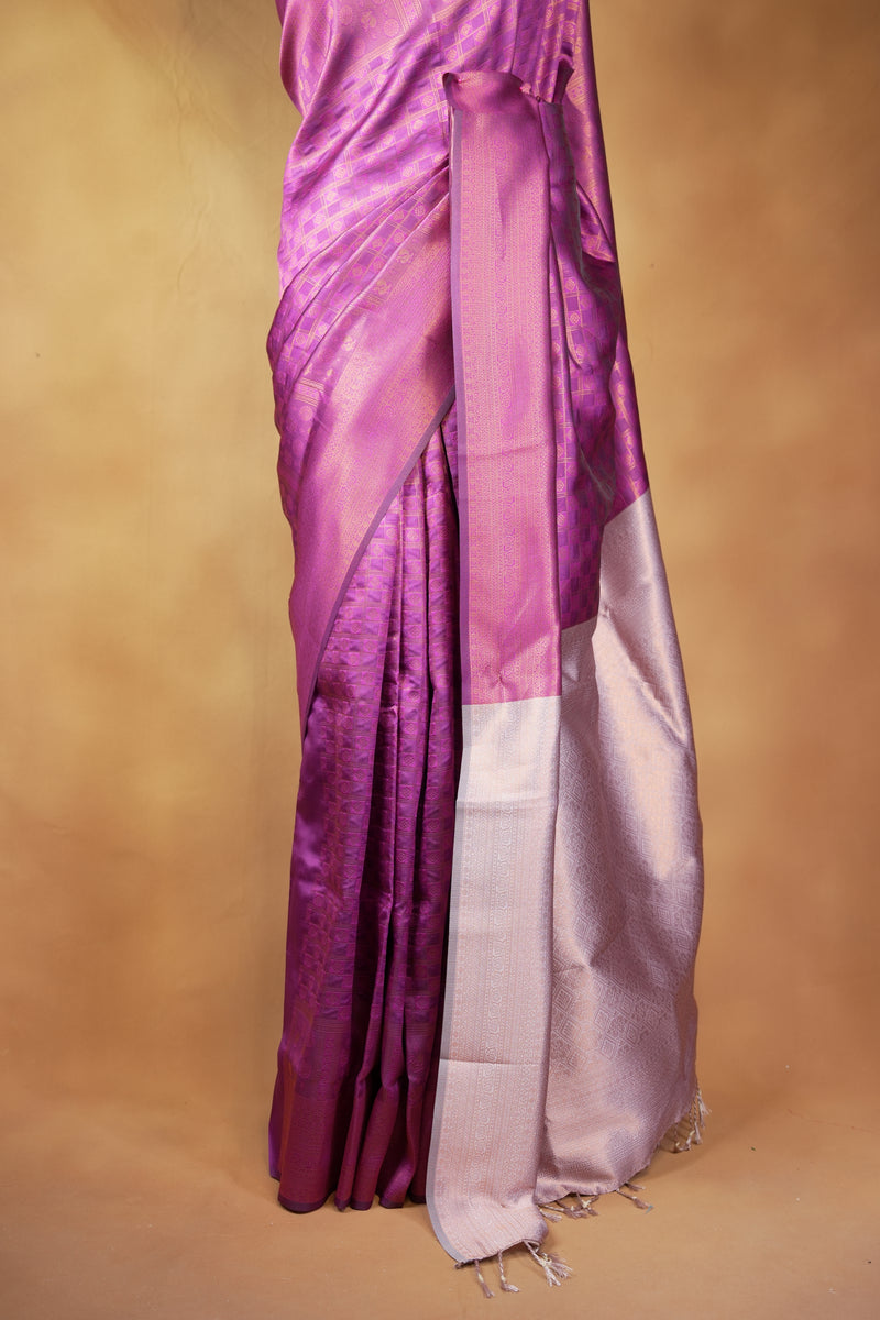 Fancy Cotton Saree | Magenta Purple with Silver Lavender Pallu & Zari Weave | Festive Wear