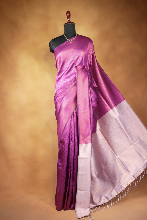 Fancy Cotton Saree | Magenta Purple with Silver Lavender Pallu & Zari Weave | Festive Wear
